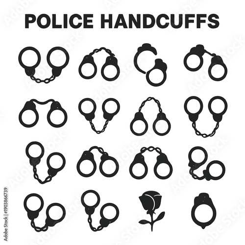 A collection of black silhouette images depicting various styles of police handcuffs high quality professional