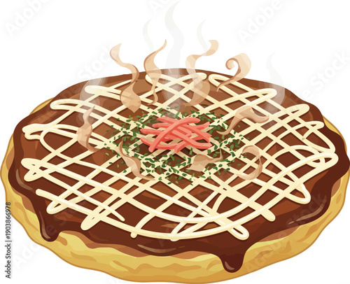 Delicious Okonomiyaki : A culinary artwork of okonomiyaki, a savory Japanese pancake, beautifully illustrated with toppings