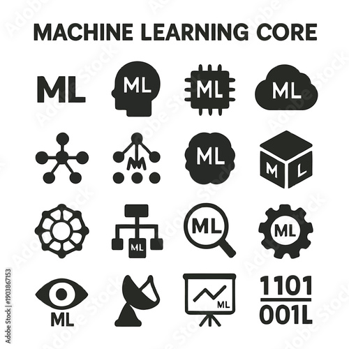 A collection of black icons representing machine learning concepts and the ml abbreviation high quality