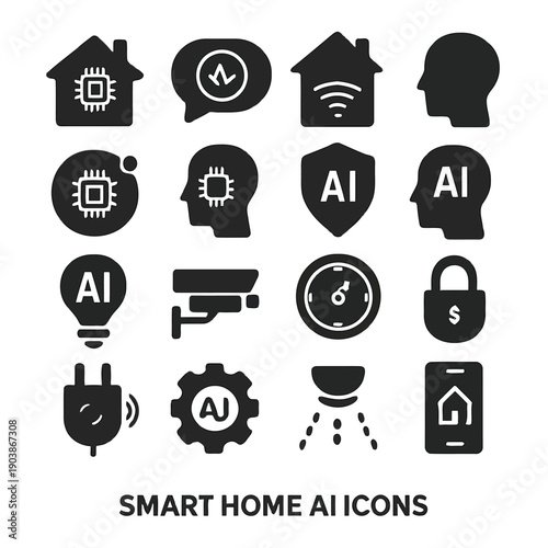 A collection of black glyph icons representing smart home technology and artificial intelligence high quality