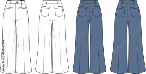 Women's high waist wide leg trousers technical fashion flat cad drawing flat vector illustration with front pleats and back pockets