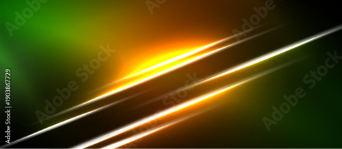 Abstract lines intersect vibrant green, orange hues. Bright glow emanates from central point, creating dynamic visual effect.