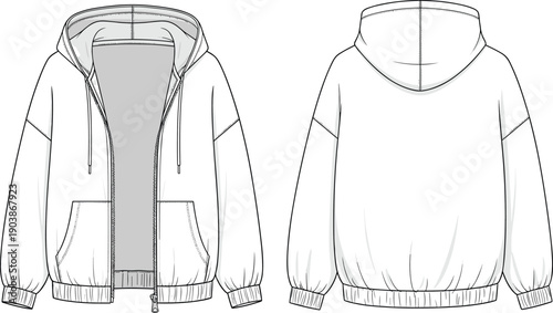 Unisex oversized zip up hoodie technical fashion flat cad drawing flat vector illustration with drawstring hood front pockets and ribbed trim