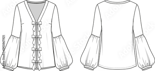 Women's v-neck long sleeve blouse with front ribbon bow ties technical fashion flat cad drawing flat vector illustration puff sleeves