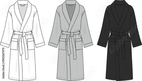 Unisex luxury bathrobe technical fashion flat cad drawing flat vector illustration with shawl collar belted waist and patch pockets set