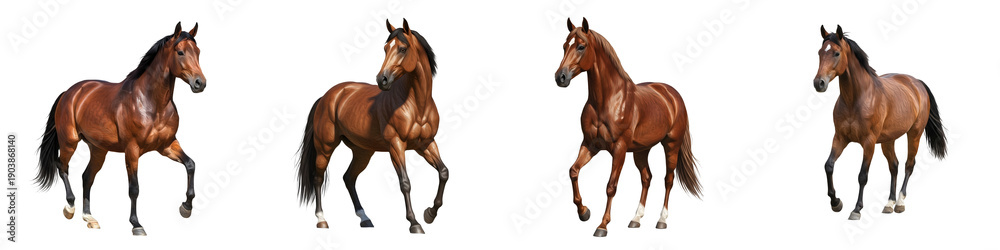 Fototapeta premium Bay Horse Collection Set Isolated on White Background Beautiful Animal Poses Thoroughbred Equestrian Stud Farm Photography for Creative Design Projects