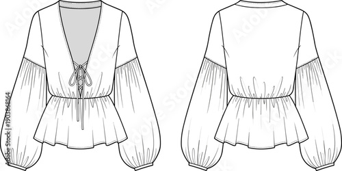 Women's deep v-neck peasant blouse technical fashion flat cad drawing flat vector illustration with puff sleeves and lace up detail