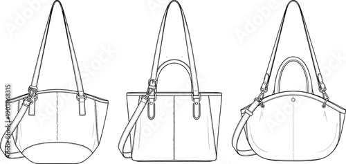 Set of women's tote bags technical fashion flat cad drawing flat vector illustration with shoulder straps handles and various shapes