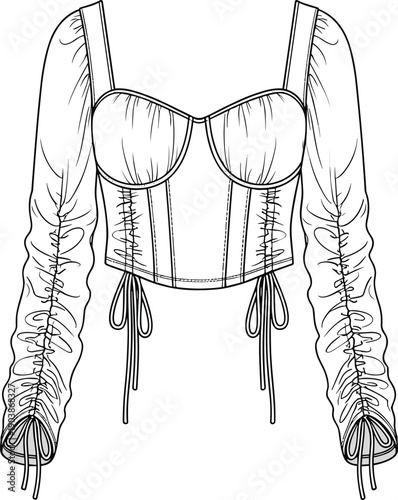 Women's corset style ruched crop top technical fashion flat cad drawing flat vector illustration with milkmaid neckline and long sleeves