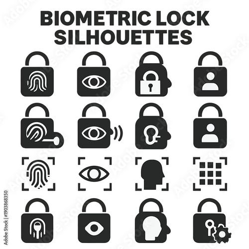 Biometric lock silhouettes illustrate various security methods like fingerprint iris and facial recognition high quality