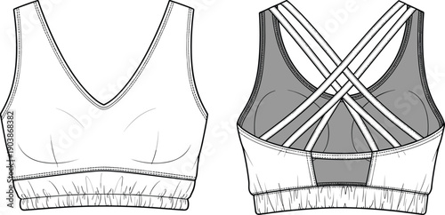 Women's v-neck sports bra technical fashion flat cad drawing flat vector illustration with criss cross back straps and elasticated hem
