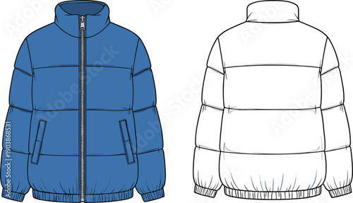 Unisex quilted puffer jacket technical fashion flat cad drawing flat vector illustration with stand collar zipper front and elasticated hem