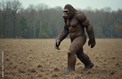 Large hairy biped walks in dry grassy field. Creature looks like ape or human. Background shows forest and overcast sky. Mysterious woodland scene.