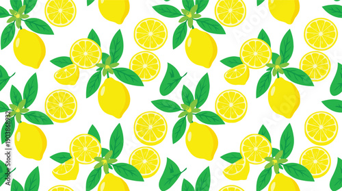 Lemon Pattern: A vibrant and refreshing lemon pattern, showcasing whole lemons, sliced segments, and lush green leaves against a backdrop.