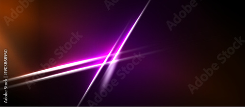 Abstract background features vibrant purple, orange light streaks. Dark space dominates composition, creating dramatic effect.