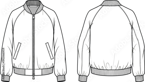 Women's raglan sleeve bomber jacket cad drawing flat vector illustration with ribbed collar and cuffs technical fashion sketch for apparel