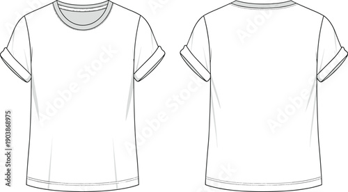 Women's basic crew neck t-shirt cad drawing flat vector illustration with rolled sleeves and ribbed collar technical fashion sketch template
