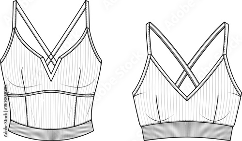 Women's ribbed bralette top cad drawing flat vector illustration with cross back straps and elasticated underband technical fashion sketch template