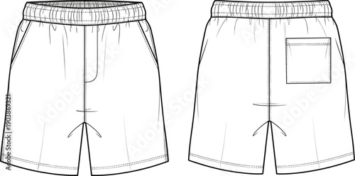 Men's athletic sports shorts cad drawing flat vector illustration with elastic waistband and back pocket technical fashion sketch for apparel