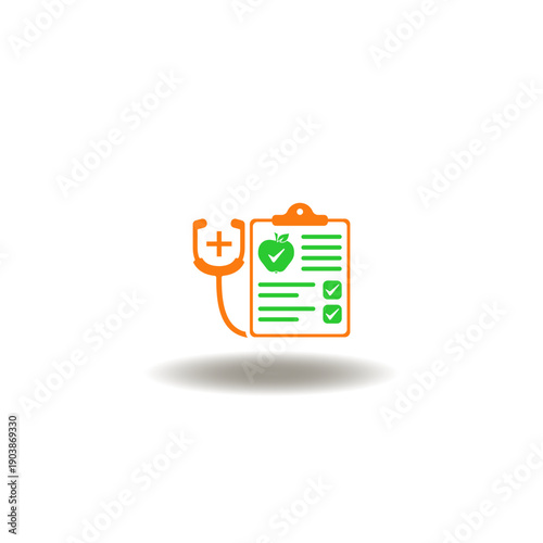 Vector illustration of medical checklist with apple and stethoscope. Icon of nutrition. Symbol of food, vegetables, meal planning, fruits, dietary fiber, vitamins.