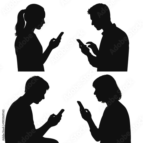 Silhouettes of four people intently focused on their mobile phones isolated on white high quality
