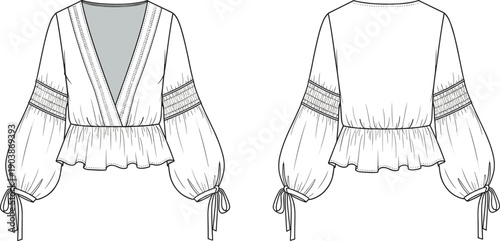 Women's boho peplum blouse cad drawing flat vector illustration with puff sleeves and surplice neckline technical fashion sketch for apparel