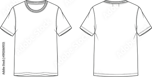 Unisex crew neck basic t-shirt cad drawing flat vector illustration with short sleeves and ribbed collar technical fashion sketch template