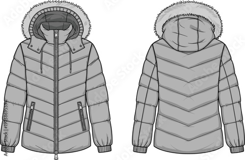 Women's winter puffer jacket cad drawing flat vector illustration with fur hood and quilted padding technical fashion sketch for apparel