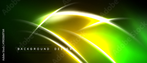 Abstract neon lines create vibrant green, yellow glow. Dark background emphasizes luminous curves, shapes. Modern design element.