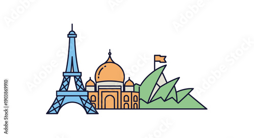 Iconic landmarks Eiffel Tower Taj Mahal and Sydney Opera House.