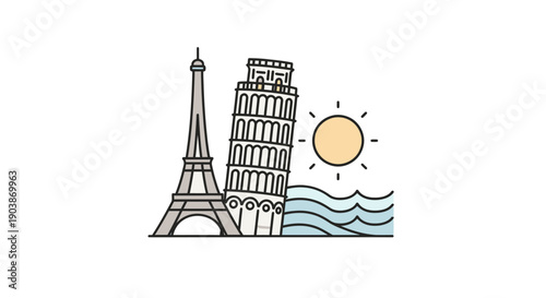 Simple line drawing of the Eiffel Tower and the Leaning Tower of Pisa.