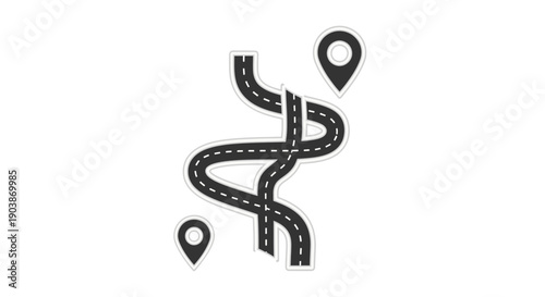 Winding road with map pins on white background.