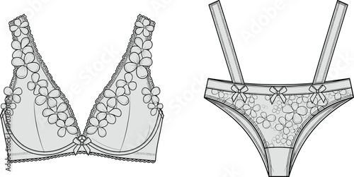 Floral lace lingerie set cad drawing flat vector illustration with plunge bra and matching panties technical fashion sketch for apparel design