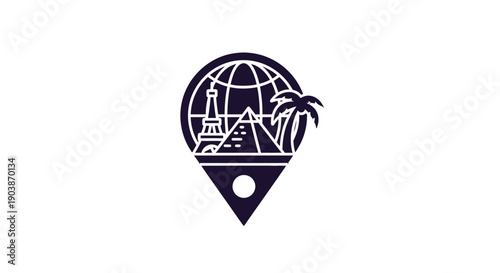 Travel location pin icon with globe and palm tree.