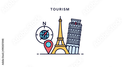 Tourism illustration featuring Eiffel Tower and travel symbols.