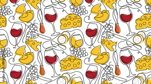 Gourmet Wine and Cheese Delight: A seamless pattern of gourmet elements, featuring wine glasses filled with rich red wine, complemented by assorted cheese, grapes, and intricate outlines.