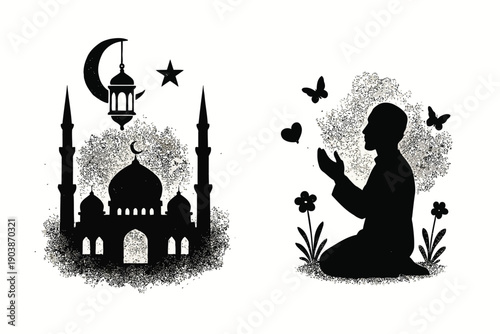 A serene black silhouette depicts a mosque crescent moon and a person in prayer
