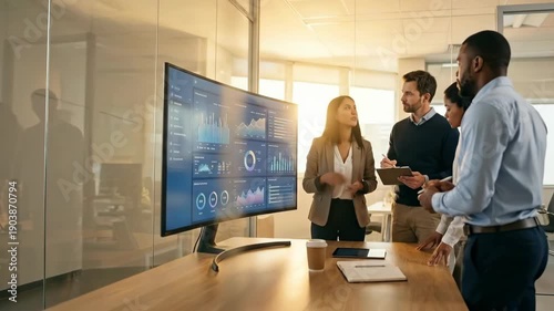 Woman presenting financial data on large screen to diverse team in modern office boardroom, showing analytics and business strategy development