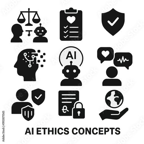 A collection of black icons representing concepts related to artificial intelligence and ethics high quality
