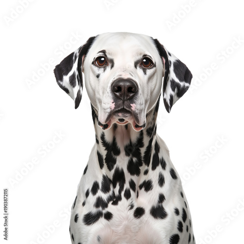 Dalmatian Dog Posing for a Close-Up Shot Against a White Background Indoors i...