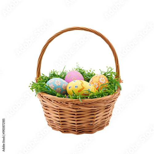 Colorful Eggs in a Basket With Green Grass Decoration for Spring Celebration