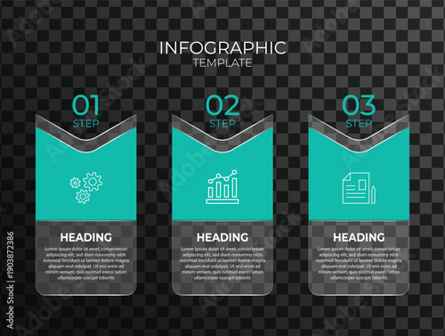 Modern teal three-step vertical infographic template with icons, glass effect panels, and transparent background for business workflow and data presentation.
