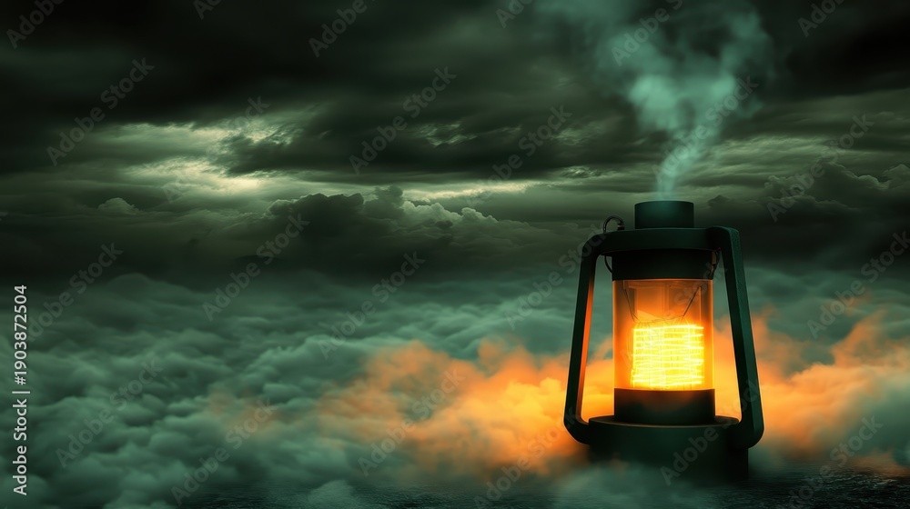 Fototapeta premium A glowing vintage lantern illuminates a stormy sky with smoke and fog