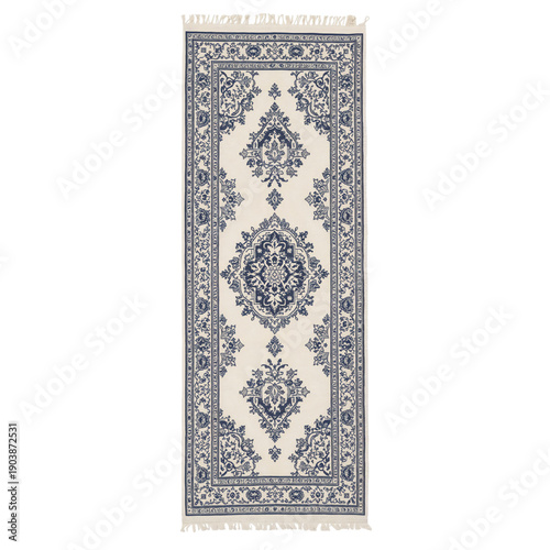 Ornate Area Rug With Floral Design Over Light Background Placed on Wooden Floor