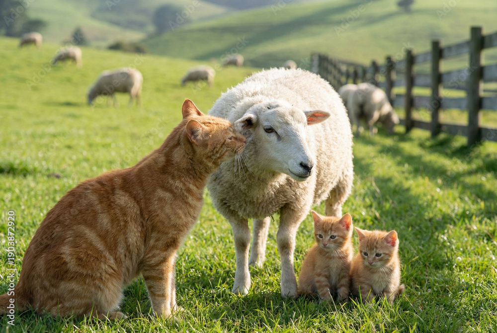 Obraz premium Adorable Ginger Kittens Sitting Beside Sheep in Countryside Landscape