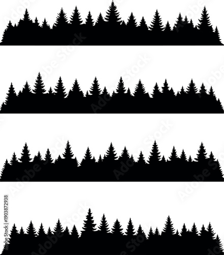 Set of Pine Forest Silhouettes and Coniferous Tree Line Borders