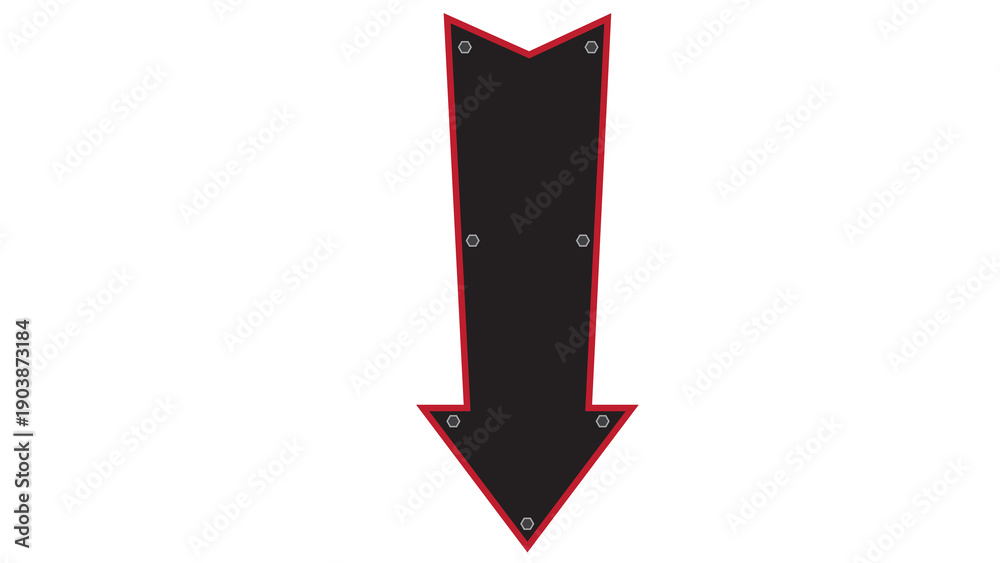 Obraz premium Black arrow pointing down with red border and metallic bolts, isolated on white background