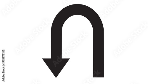 Tableau sur toile Black U-turn arrow pointing down, isolated on white background