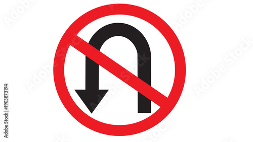 Foto No U-turn sign, black arrow in red circle with diagonal slash, isolated on white