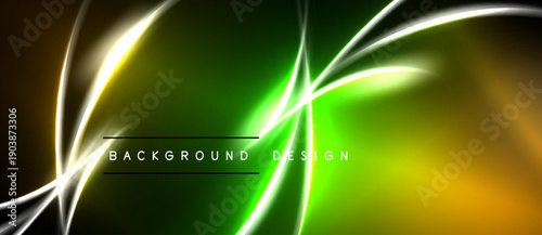 Abstract background features vibrant lines, gradients. Yellow, green hues dominate dark space. Modern design element.